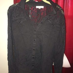 Black Lace Button Down Long Sleeve Shirt